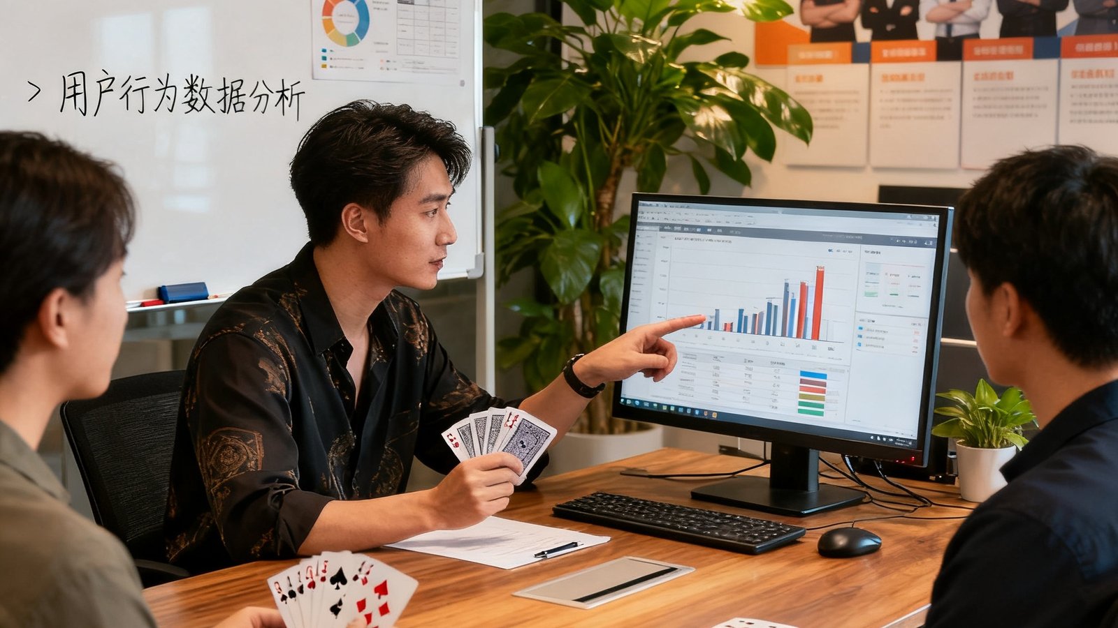 炸金花棋牌团队办公室内，工程师与职业牌手围坐讨论策略算法与数据分析