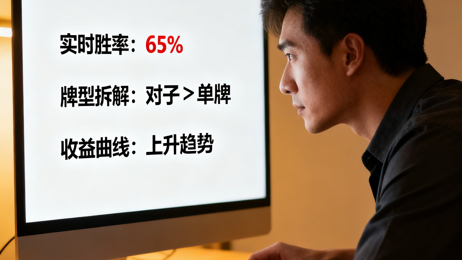 炸金花高手在电脑前分析牌局，屏幕上显示实时胜率、牌型拆解和收益曲线